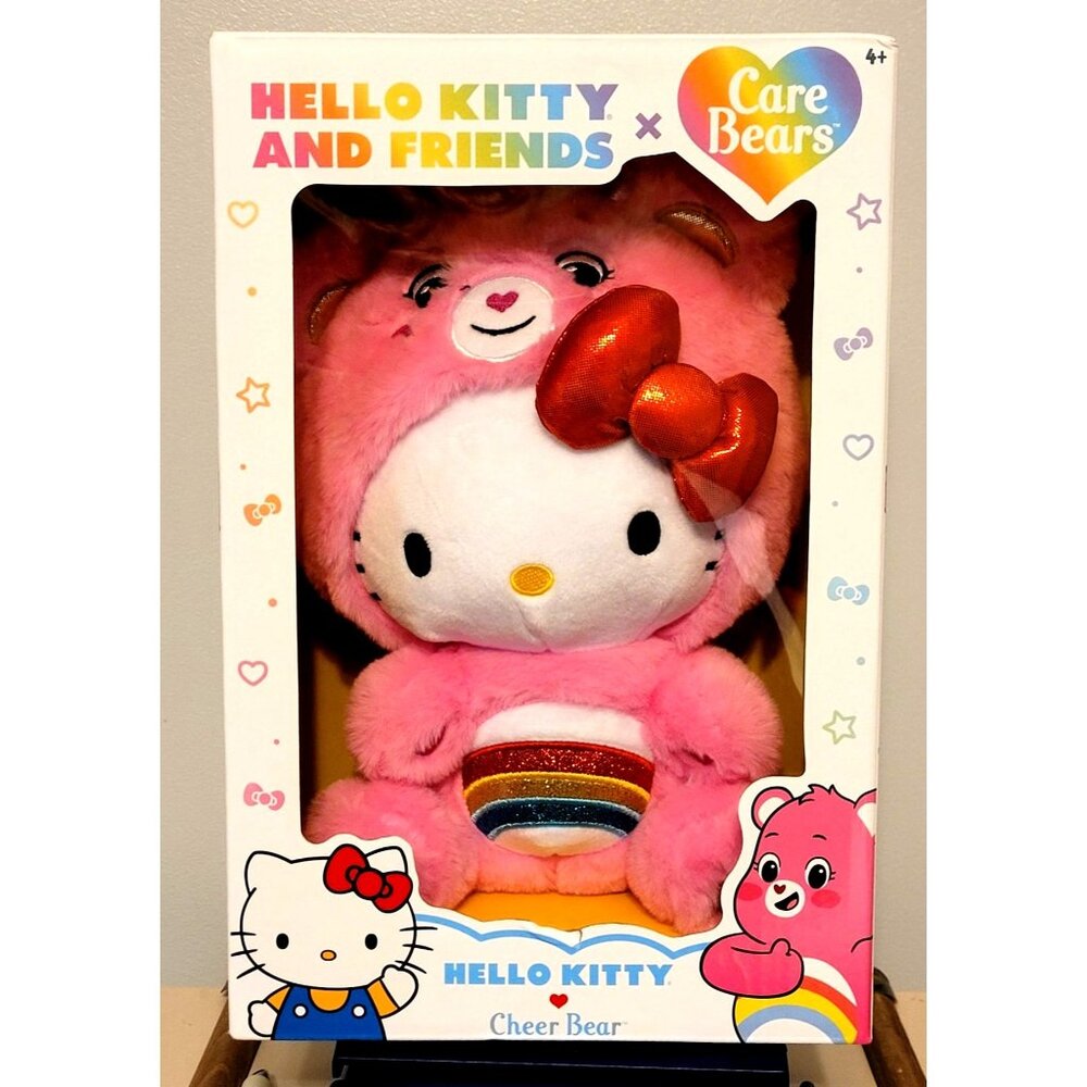 NIB Hello Kitty Care Bears Cheer Bear Collectible Rainbow Belly & Red Bow Plush